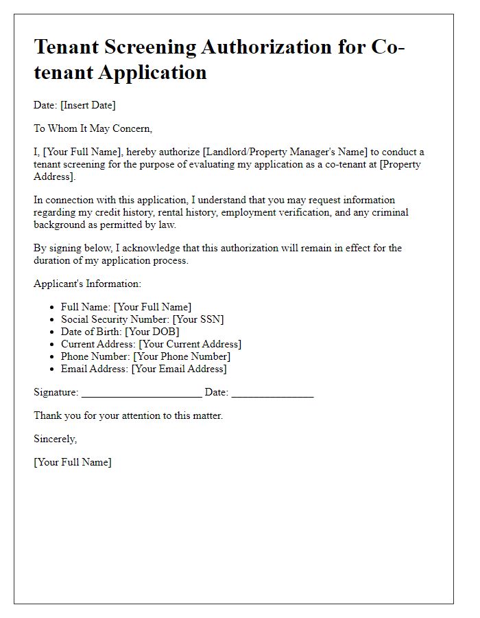 Letter template of Tenant Screening Authorization for Co-tenant Application