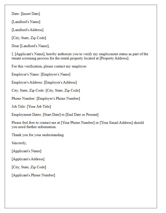 Letter template of Tenant Screening Authorization for Employment Verification