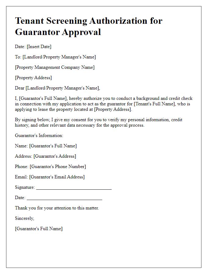 Letter template of Tenant Screening Authorization for Guarantor Approval