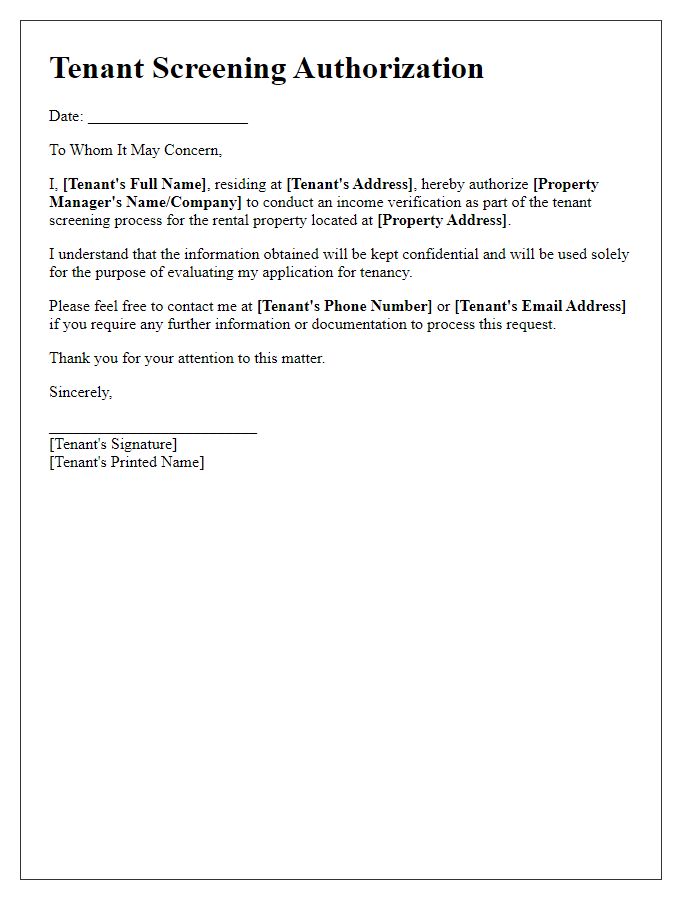 Letter template of Tenant Screening Authorization for Income Verification