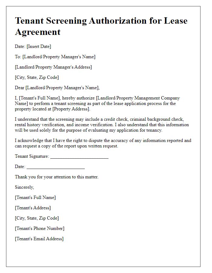 Letter template of Tenant Screening Authorization for Lease Agreement