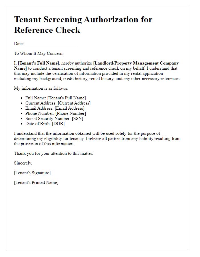 Letter template of Tenant Screening Authorization for Reference Check