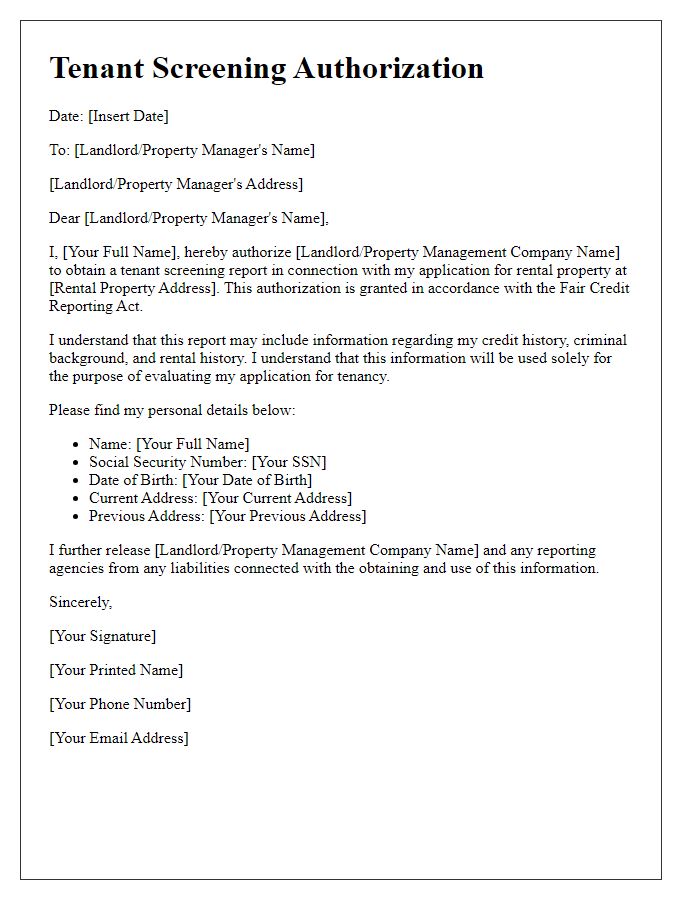 Letter template of Tenant Screening Authorization for Security Deposit Processing