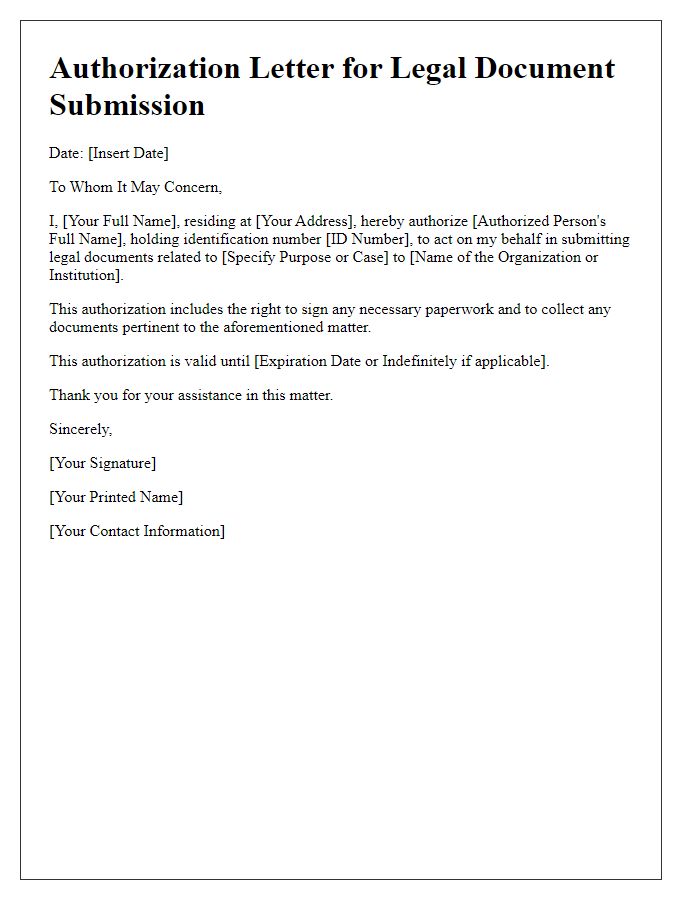 Letter template of authorization for legal document submission