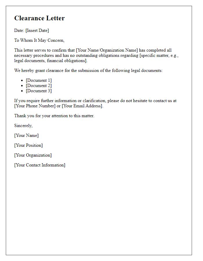 Letter template of clearance for legal document submission