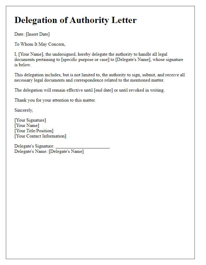 Letter template of delegation for legal documents handling