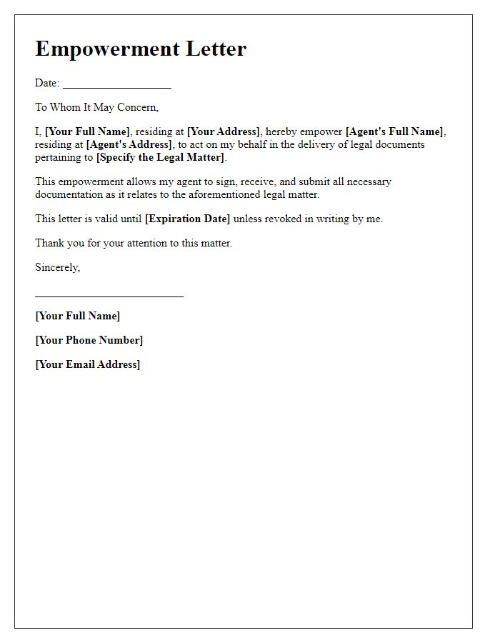 Letter template of empowerment for legal document delivery