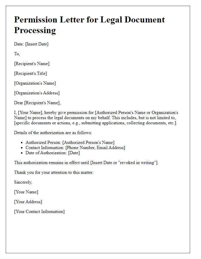 Letter template of permission for legal document processing