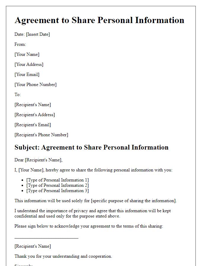 Letter template of agreement to share personal information