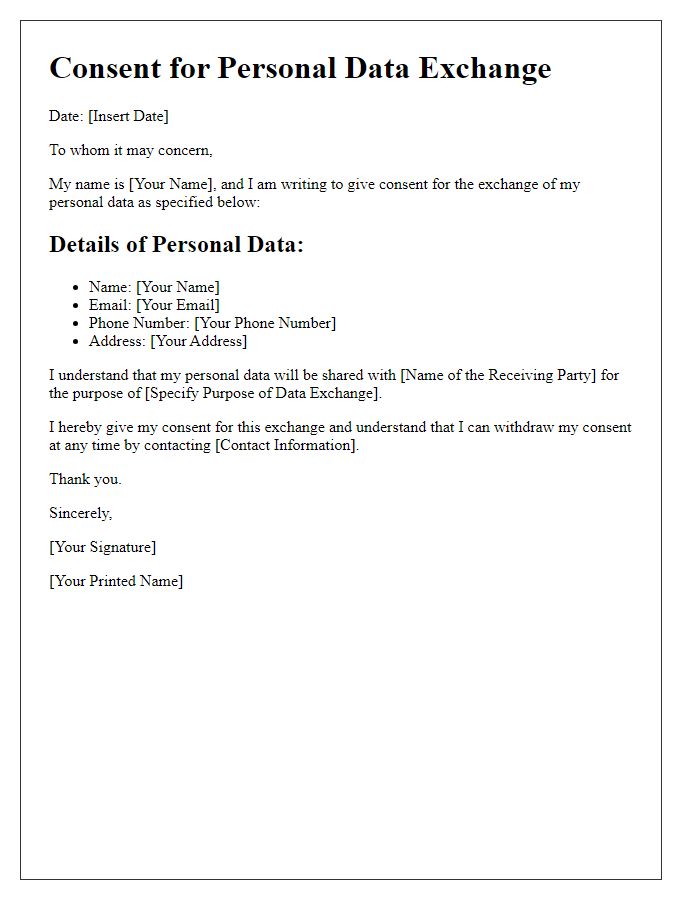 Letter template of consent for personal data exchange