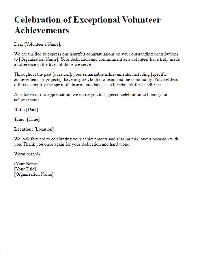 Letter template of celebration for exceptional volunteer achievements