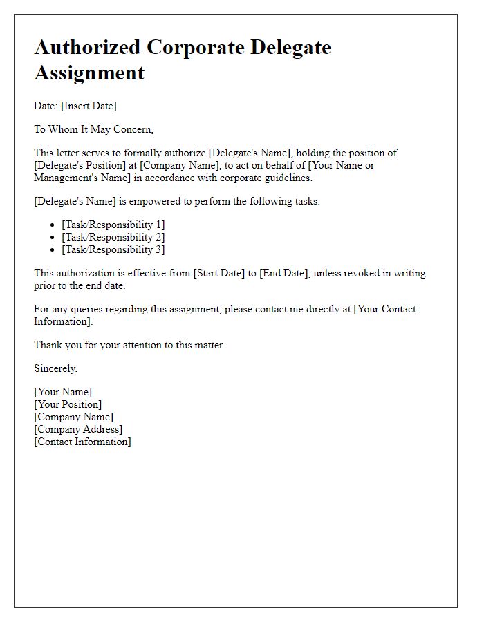 Letter template of authorized corporate delegate assignment