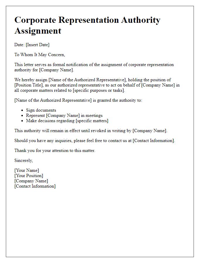 Letter template of corporate representation authority assignment