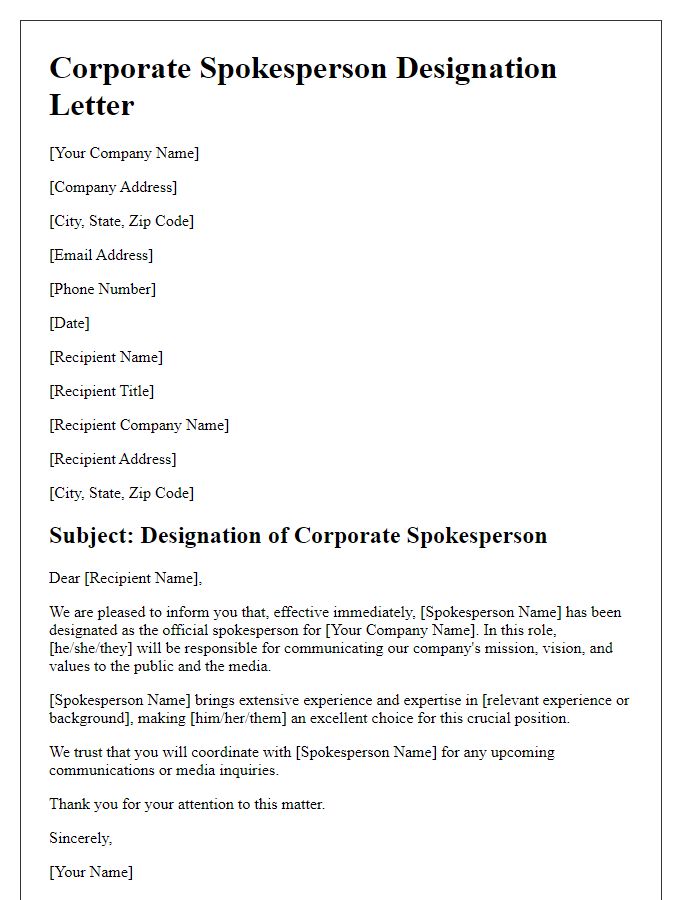 Letter template of corporate spokesperson designation