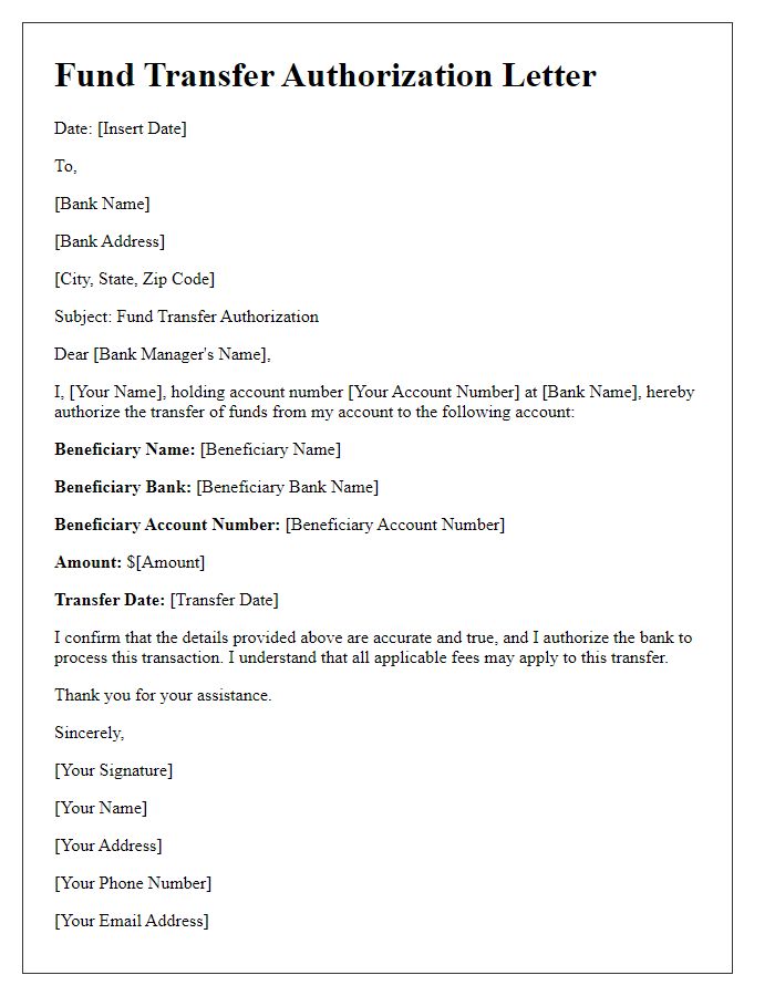 Letter template of Fund Transfer Authorization for Bank Account