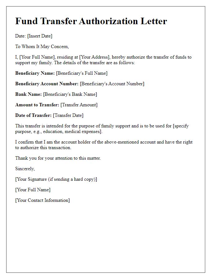 Letter template of Fund Transfer Authorization for Family Support