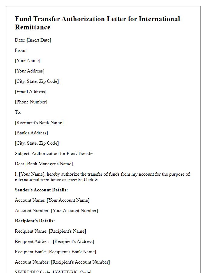 Letter template of Fund Transfer Authorization for International Remittance