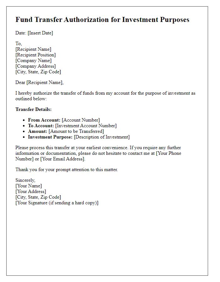 Letter template of Fund Transfer Authorization for Investment Purposes