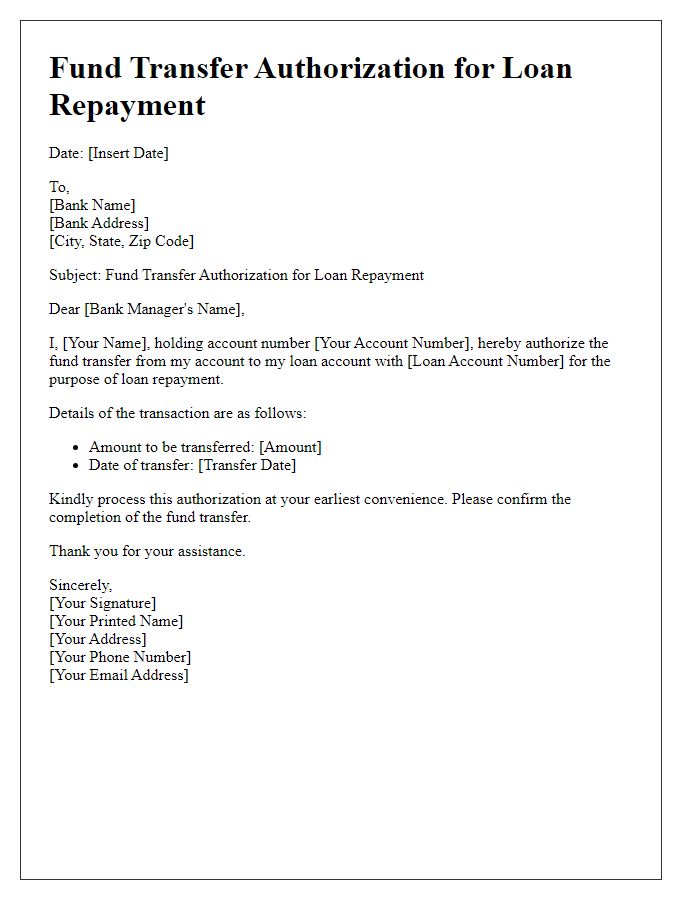 Letter template of Fund Transfer Authorization for Loan Repayment