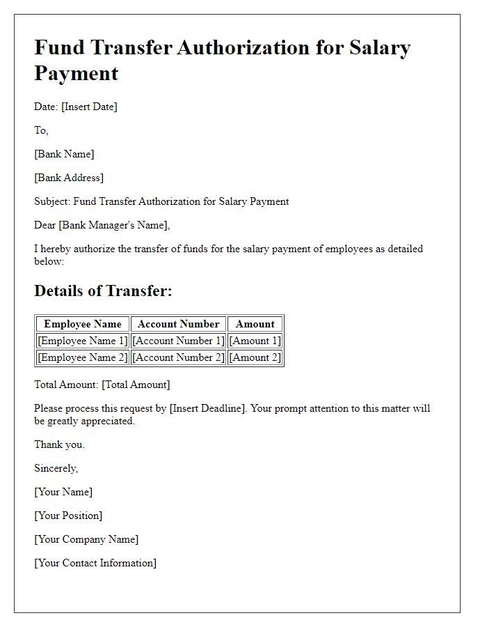 Letter template of Fund Transfer Authorization for Salary Payment