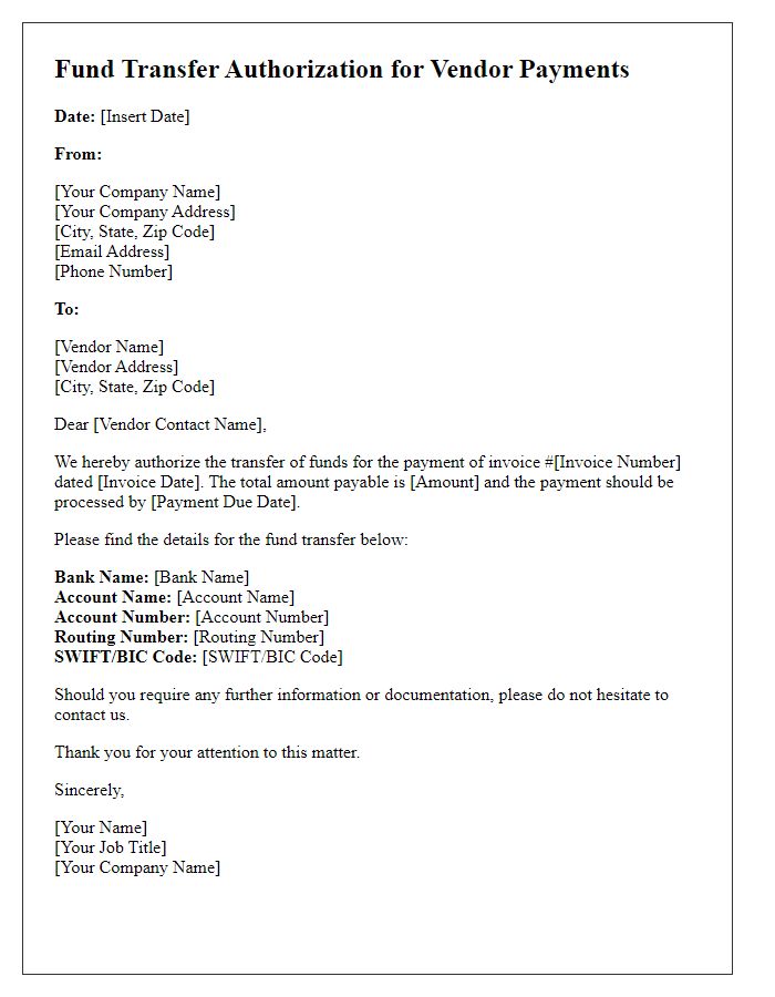 Letter template of Fund Transfer Authorization for Vendor Payments