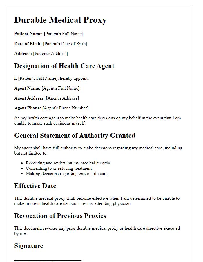 Letter template of durable medical proxy for patient care.