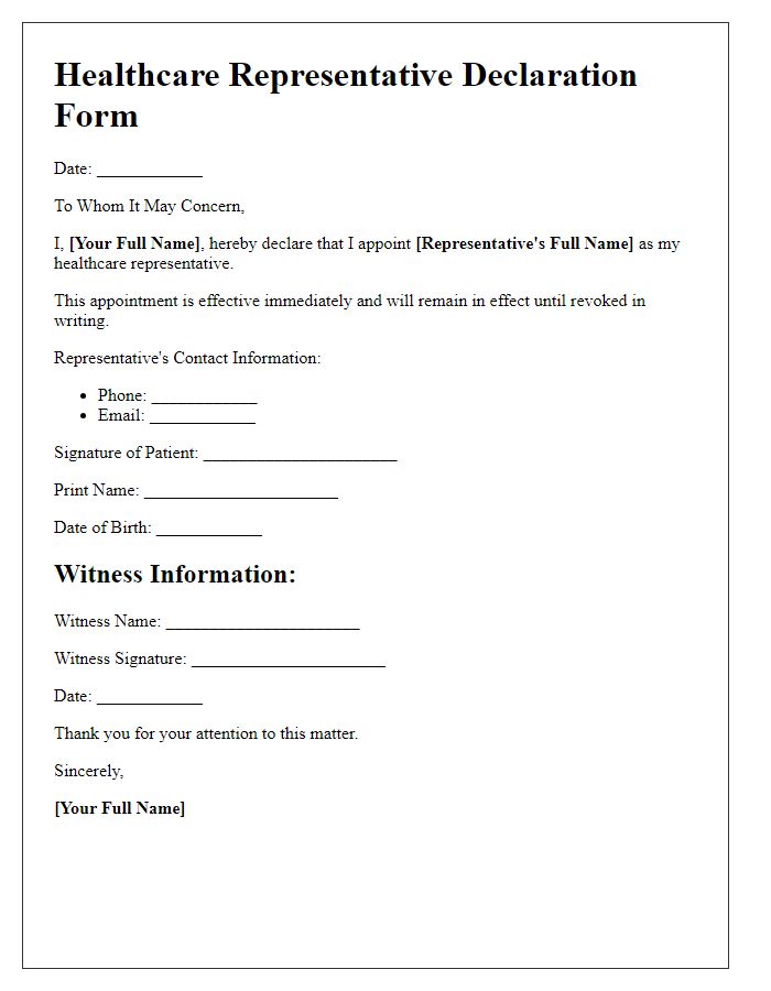 Letter template of healthcare representative declaration form.