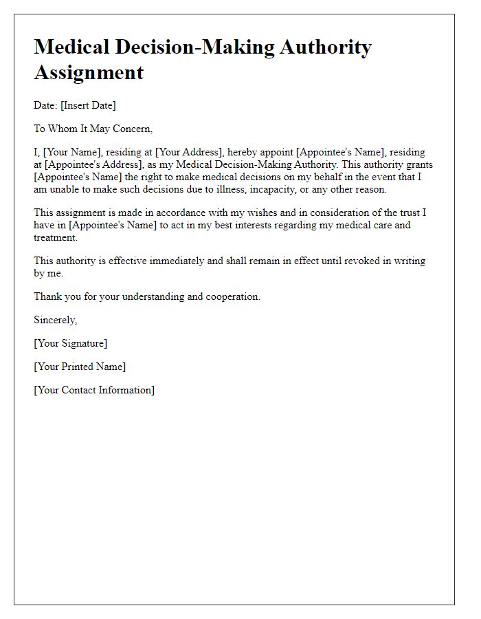 Letter template of medical decision-making authority assignment.