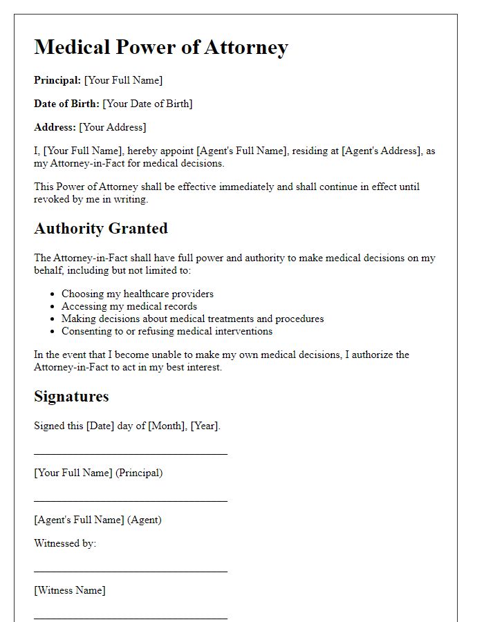 Letter template of medical power of attorney for medical treatments.