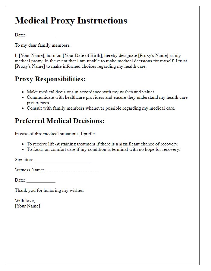 Letter template of medical proxy instructions for family members.