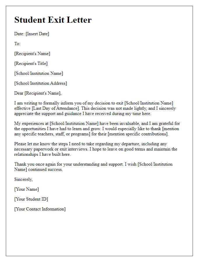 Letter template of formal student exit letter