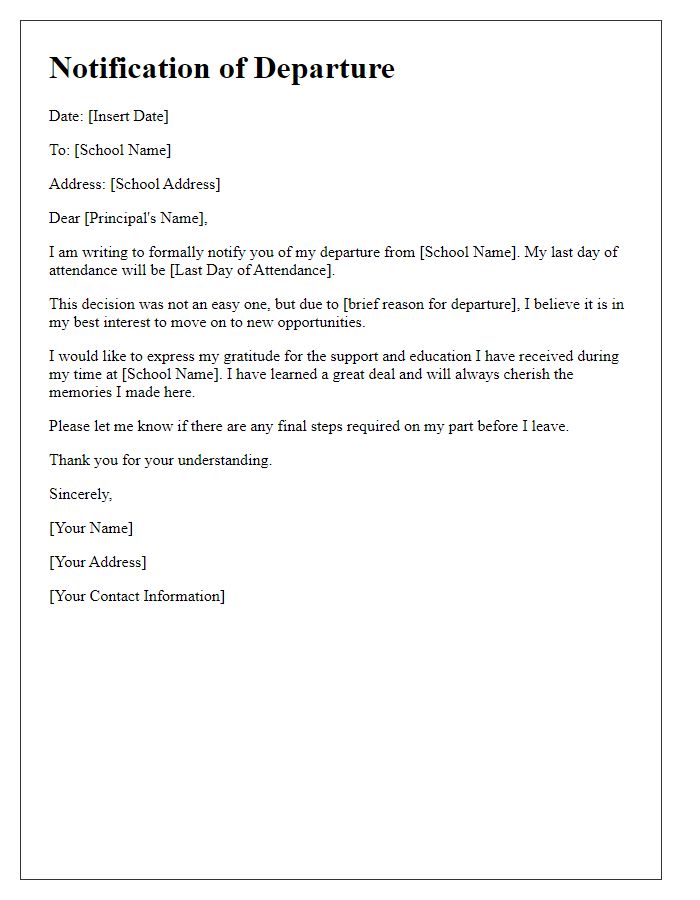 Letter template of notification of departure from school