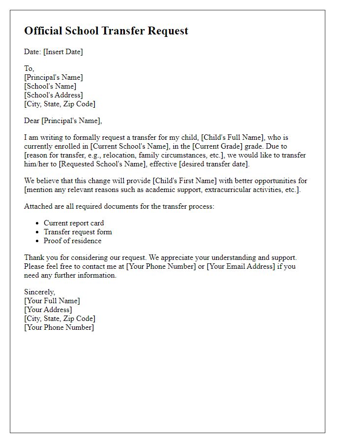 Letter template of official school transfer request