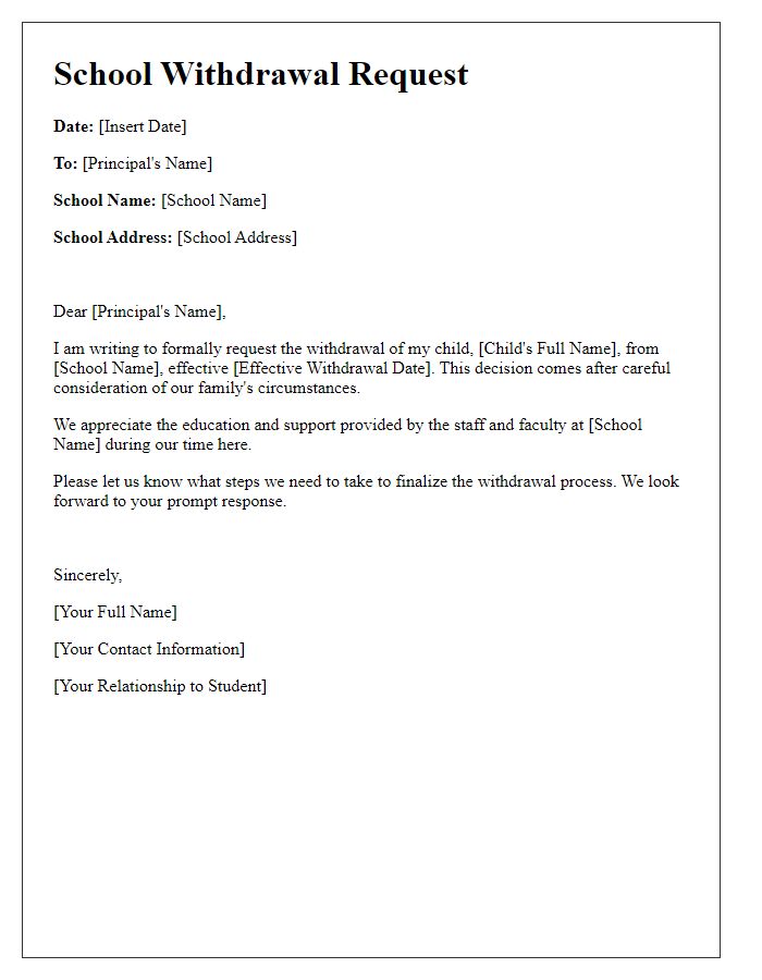 Letter template of school withdrawal request form