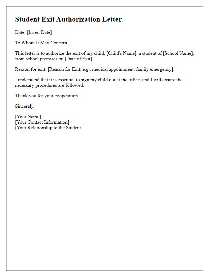 Letter template of student exit authorization