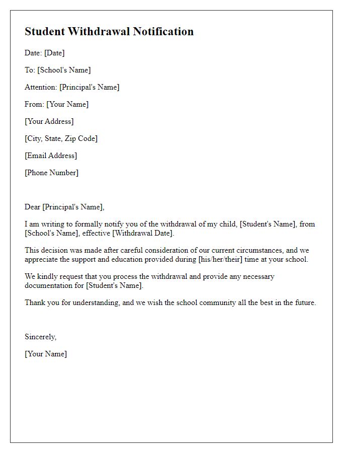 Letter template of student withdrawal notification