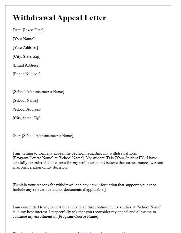 Letter template of withdrawal appeal to school administration