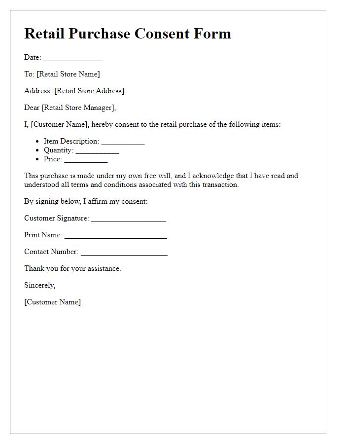 Letter template of retail purchase consent form