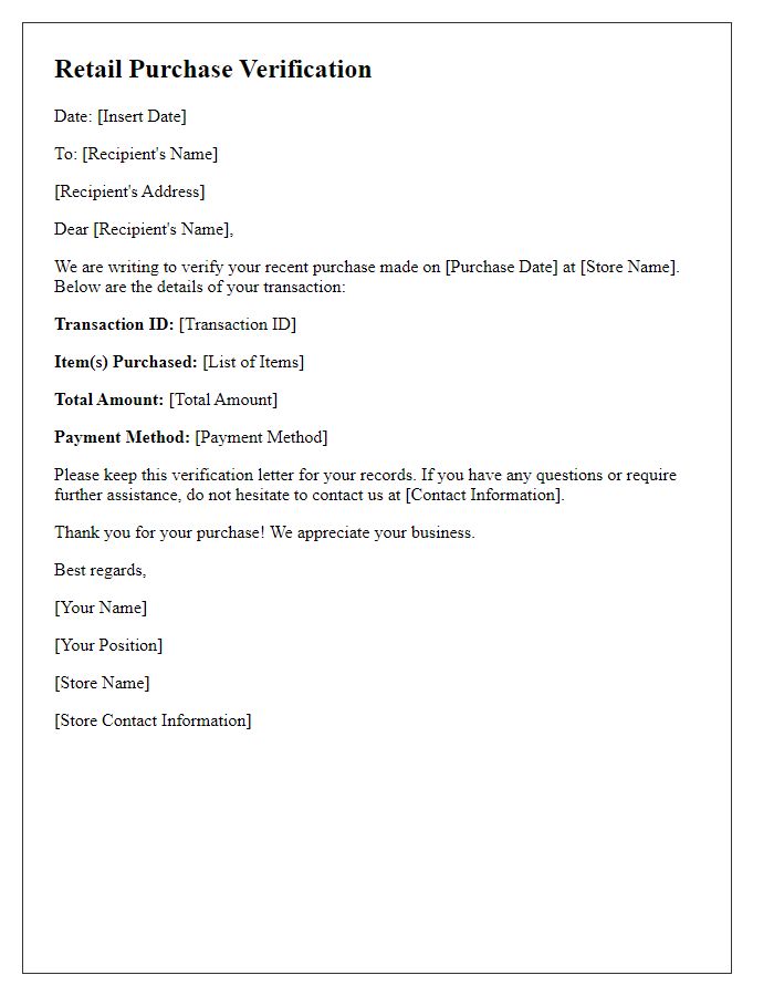 Letter template of retail purchase verification