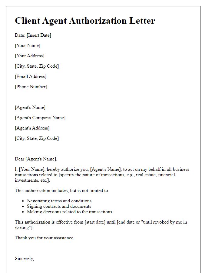 Letter template of client agent authorization for business transactions.