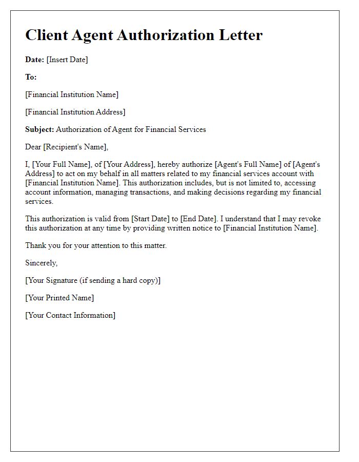 Letter template of client agent authorization for financial services.