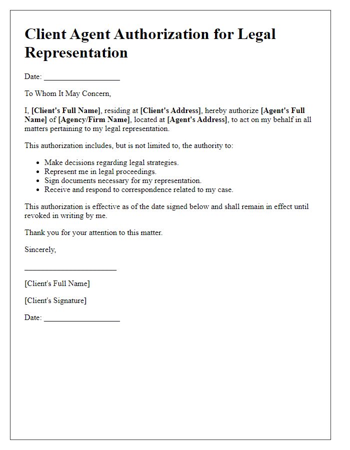 Letter template of client agent authorization for legal representation.