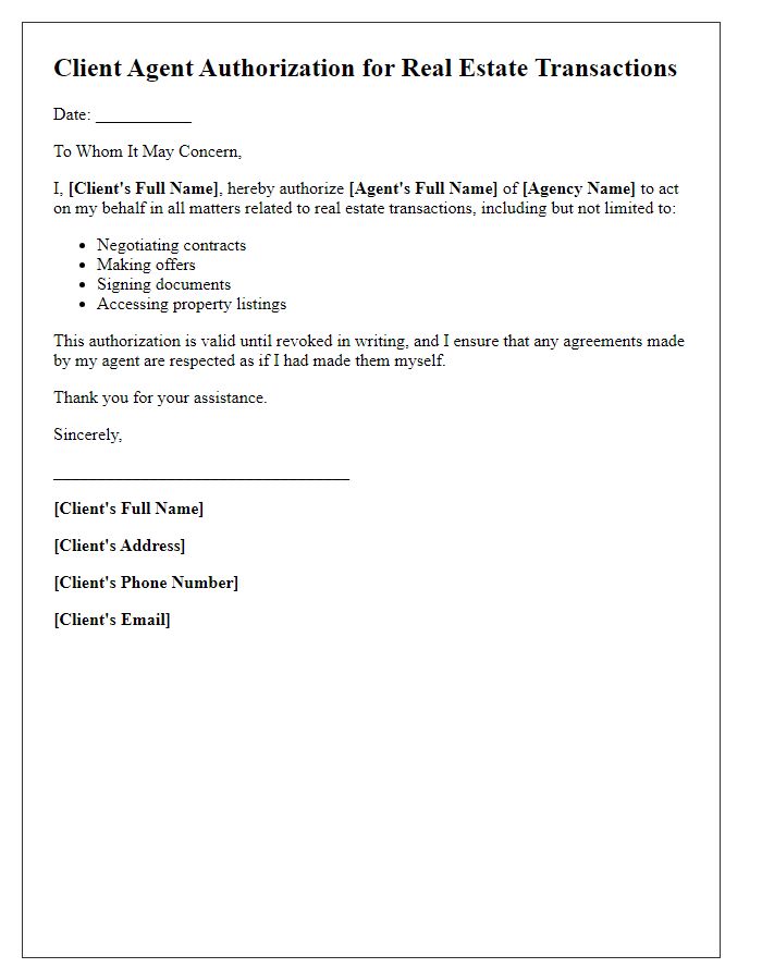 Letter template of client agent authorization for real estate transactions.