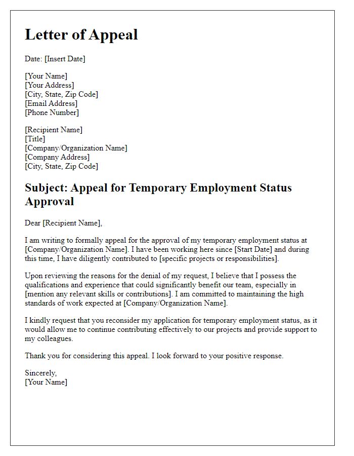 Letter template of appeal for temporary employment status approval