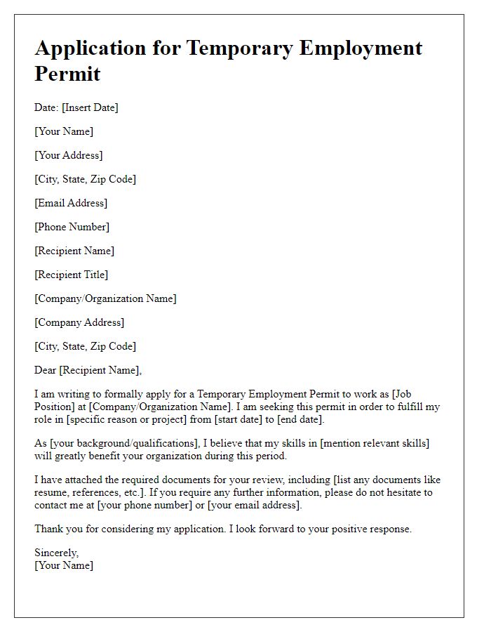 Letter template of application for temporary employment permit