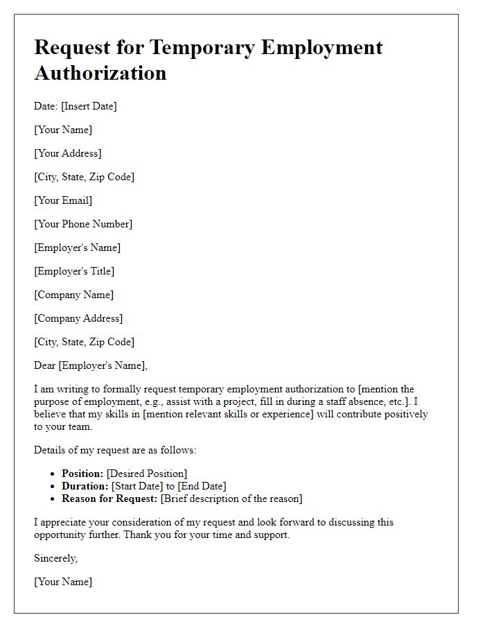 Letter template of request for temporary employment authorization