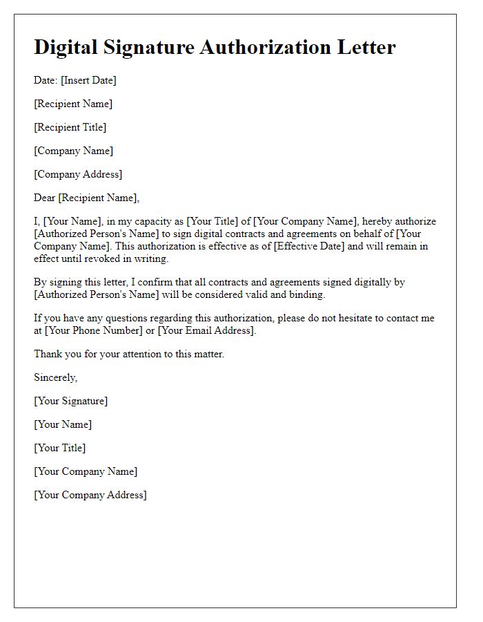 Letter template of digital signature authorization for business contracts