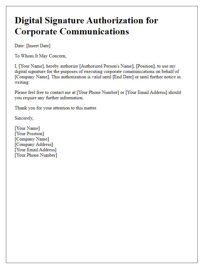 Letter template of digital signature authorization for corporate communications