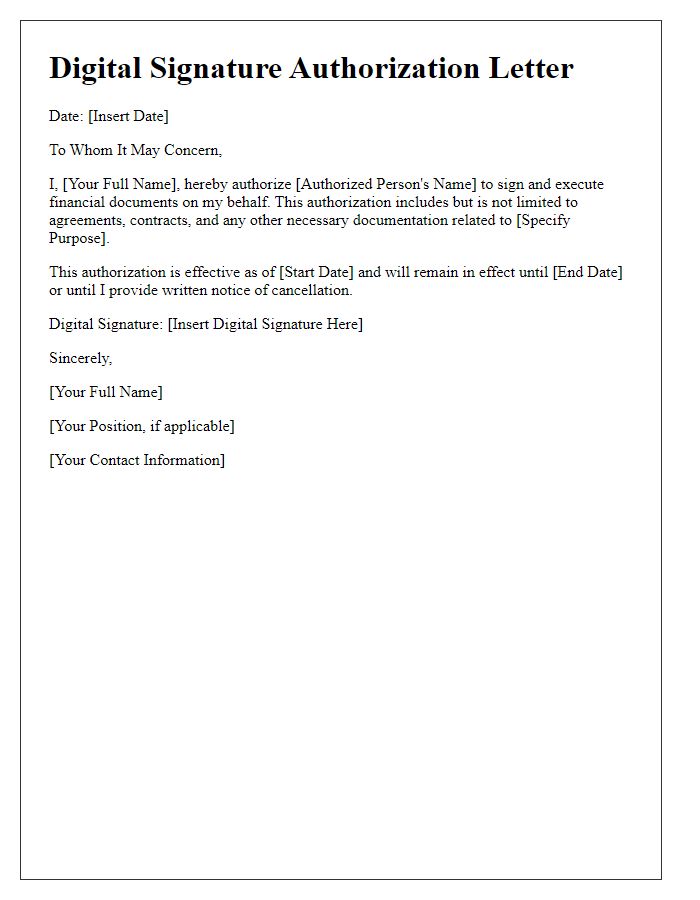 Letter template of digital signature authorization for financial documents