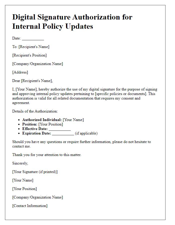 Letter template of digital signature authorization for internal policy updates